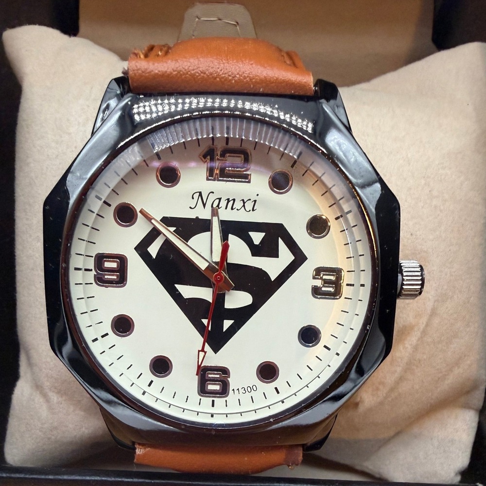 Nanxi 11300 Superman Themed Watch Brown Leather Strap Black  0462